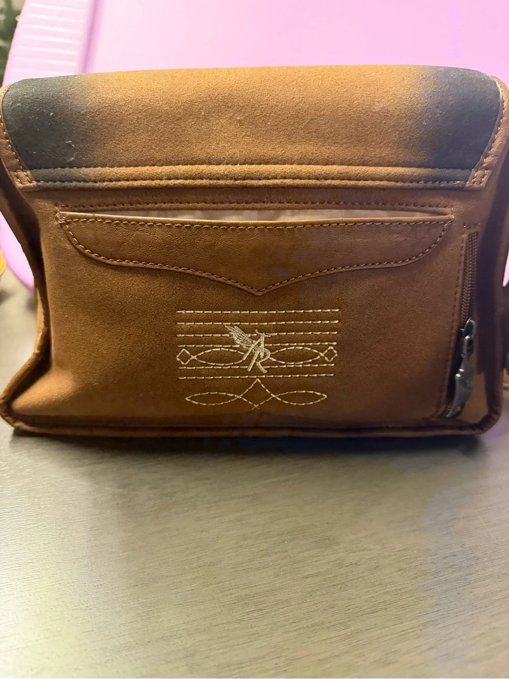 Women's Brown and Black Crossbody Bag with White Embroidery